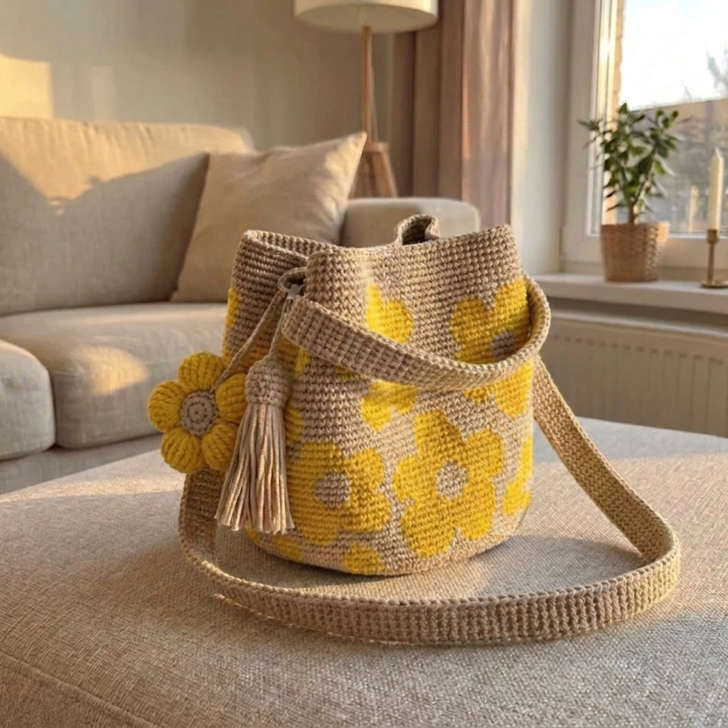 Sac Bucket en Crochet Fleuri