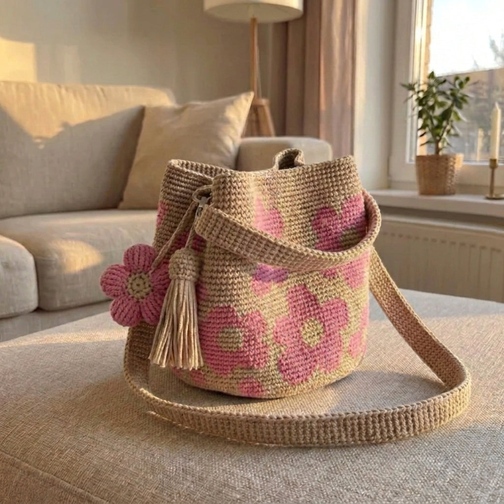 Sac Bucket en Crochet Fleuri